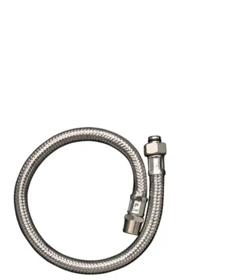 Flexibler Metallanschlussschlauch von Hansgrohe, geformt in eine Schlauchart, mit zwei unterschiedlichen Anschlussstücken für die Verbindung mit einem Thermostat.
